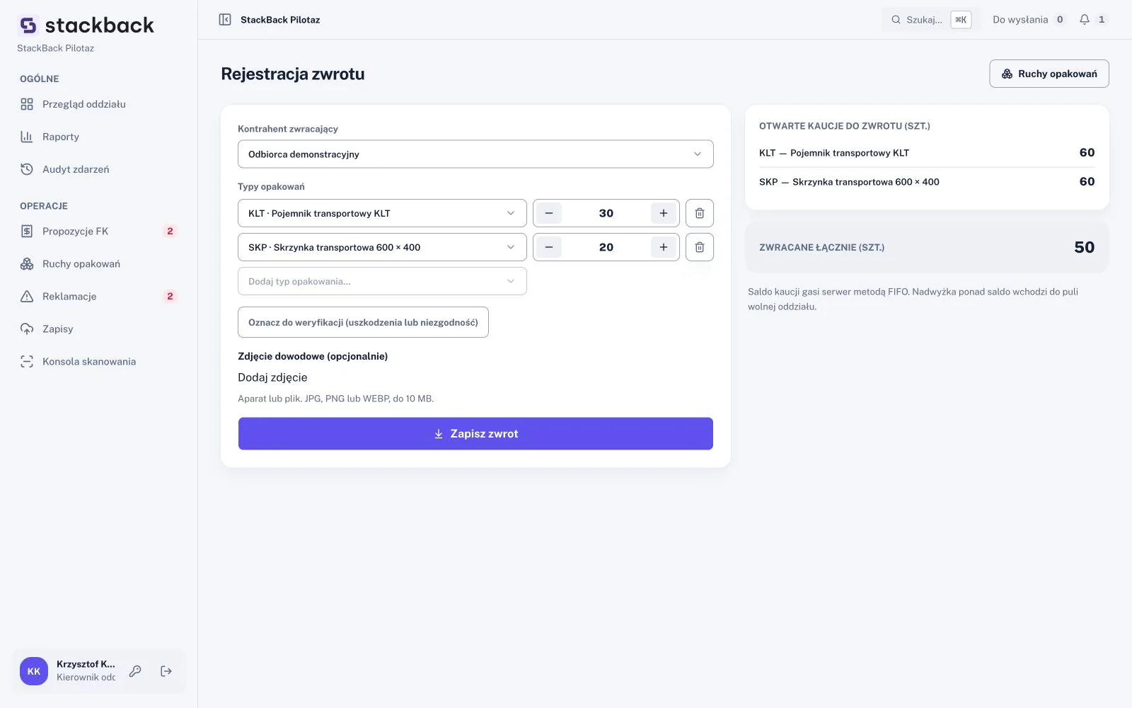 Formularz częściowego zwrotu w StackBack: wpisano 30 pojemników KLT i 20 skrzynek, łącznie 50 sztuk. Obecne saldo to po 60 sztuk każdego typu. Zwrot nie został jeszcze zapisany.